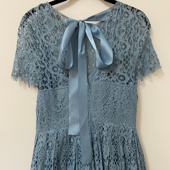 Blue Lace Midi Dress with ribbon tie and open back - Picture 4 of 13